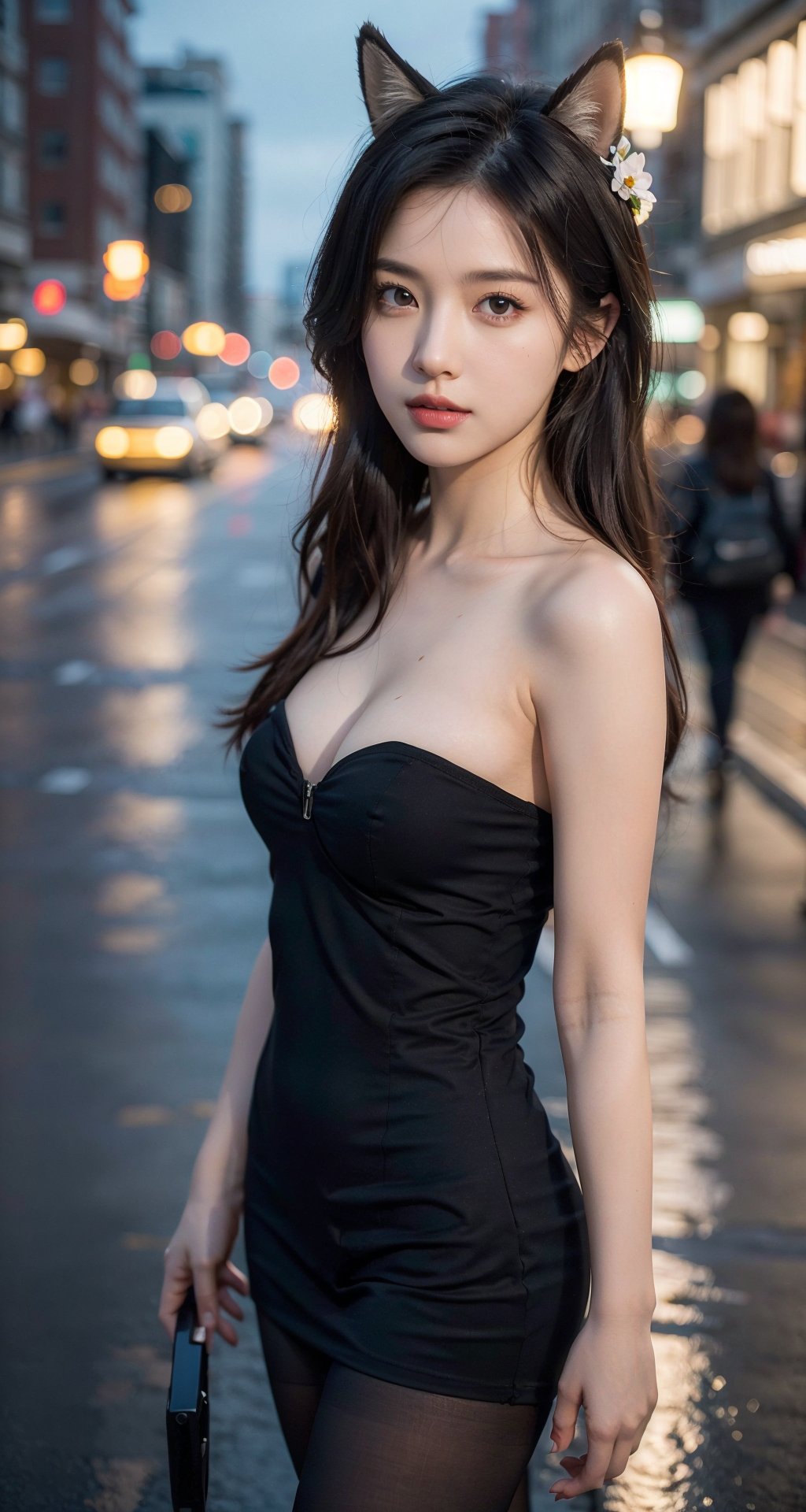 (8K, original photos, best quality, masterpiece: 1.4), ultra-high resolution, (actual, photo realistic: 1.48), Ortosa, 1 girl, (Korean pop idol), (Egeosall: 1), cute, (super background night city center: 1.25), background, night, traffic lights, road signs, rain, after rain, wet, professional lighting, detailed lighting, photon mapping, light energy transfer, physics based rendering, black pantyhose flower, backlight, depth of field, natural lighting, Hard focus, film particles, shooting distance of one meter, professional shooting, using Sony A9 II mirrorless camera, detailed eyes, realistic eyes, detailed shadows, looking at the audience, dog ears, detailed lighting, dress, black dress, high leg, black stockings, (detailed hair, realistic hair, realistic lighting, realistic shadows, realistic clothing), realistic skin, (gun on waist: 1), The true reflection of light from above (with arms behind), (with hands behind), strapless, sexy