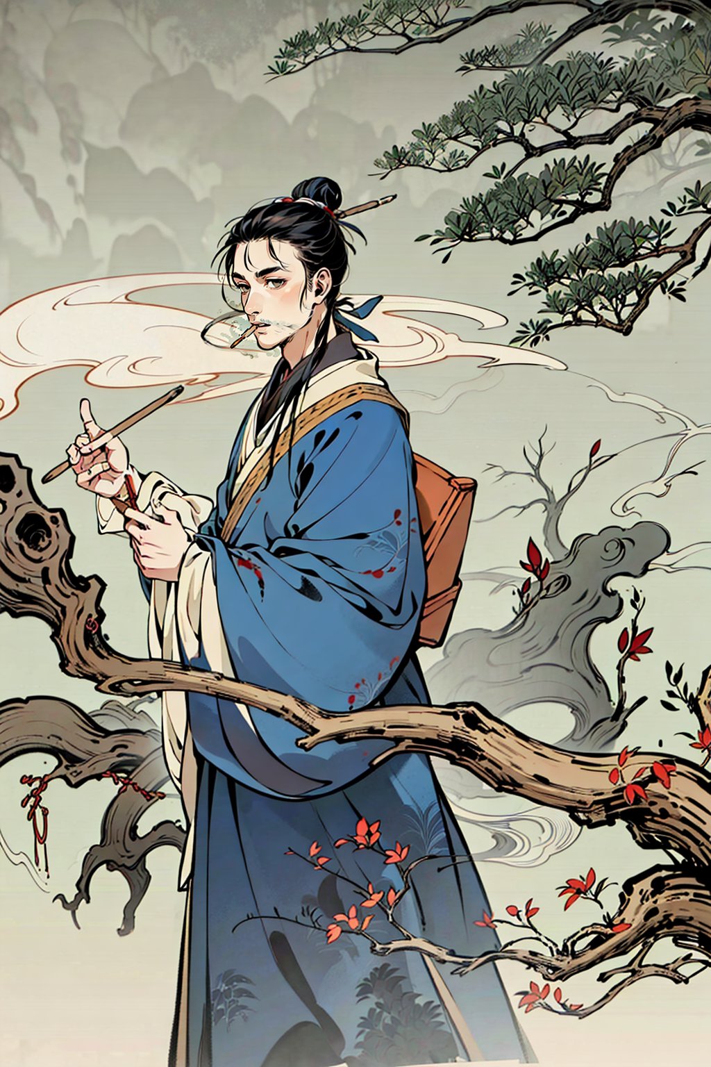 gufeng,1boy,male focus,solo,single hair bun,holding,hair bun,tree,paintbrush,holding paintbrush,upper body,robe,smoke,branch,black hair,