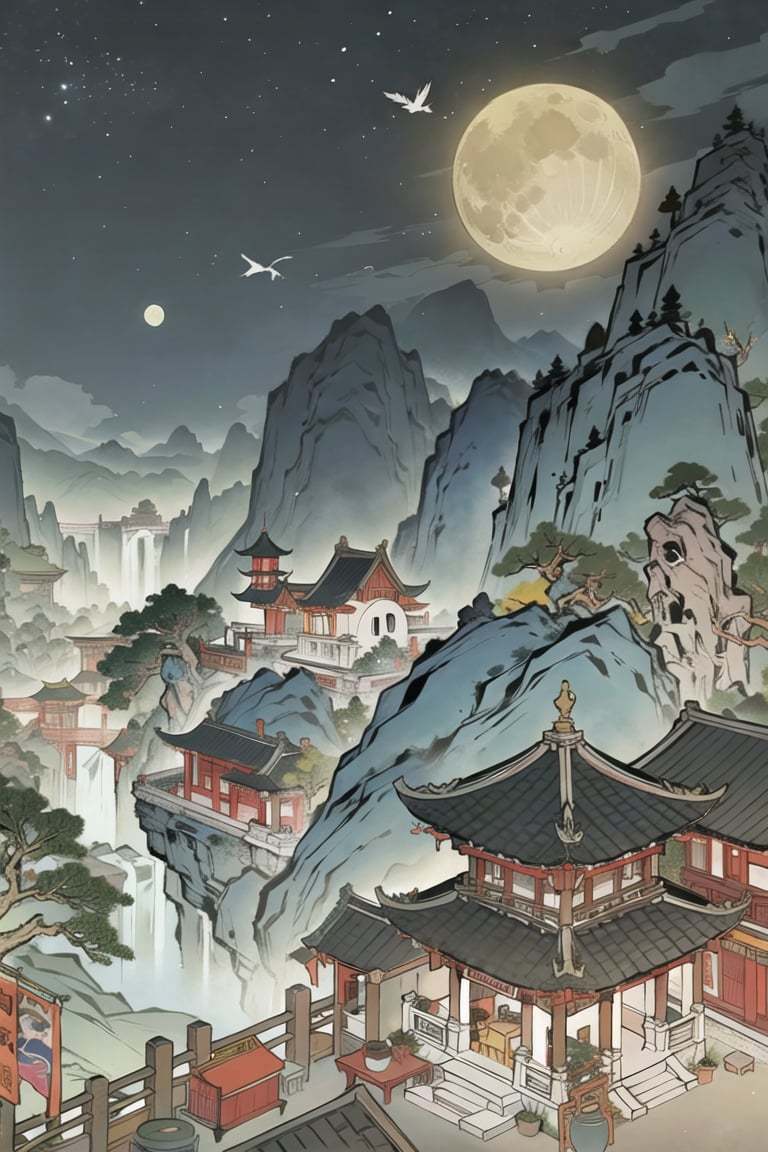 gufeng,scenery,tree,architecture,east asian architecture,no humans,outdoors,moon,night,pagoda,bird,mountain,sky,<lora:gufeng-000012_1:0.8>,<lora:小人书·连环画  xiaorenshu_v2.0:0.35>,