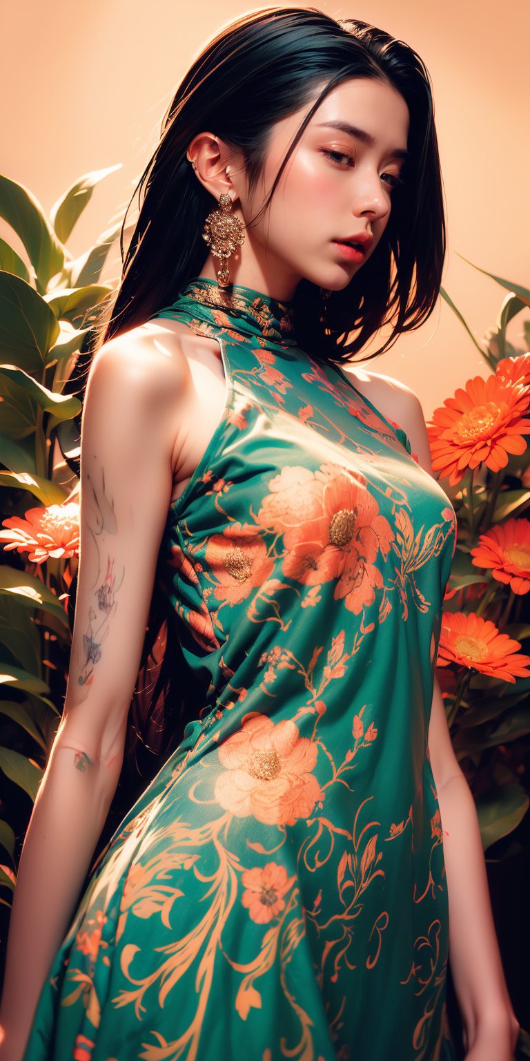 woman, flower dress, colorful, darl background,flower armor,green theme,exposure blend, medium shot, bokeh, (hdr:1.4), high contrast, (cinematic, teal and orange:0.85), (muted colors, dim colors, soothing tones:1.3), low saturation,color paint