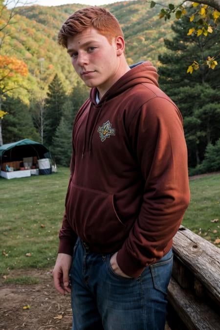 Candid photo of a (bully Appalachian redneck 20yo dg_Dale boy brother:1.1), from side dark red hair, hoodie, detailed, outdoors,  <lora:dg_Dale_v1:0.8>