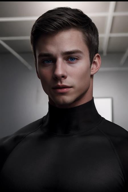 closeup photo of tyson_dayley <lora:tyson_dayley-08:0.75> wearing a fitted black compression shirt, plain matte black backdrop, soft directional lighting, even lighting, intense powerful mood, contemporary aesthetic