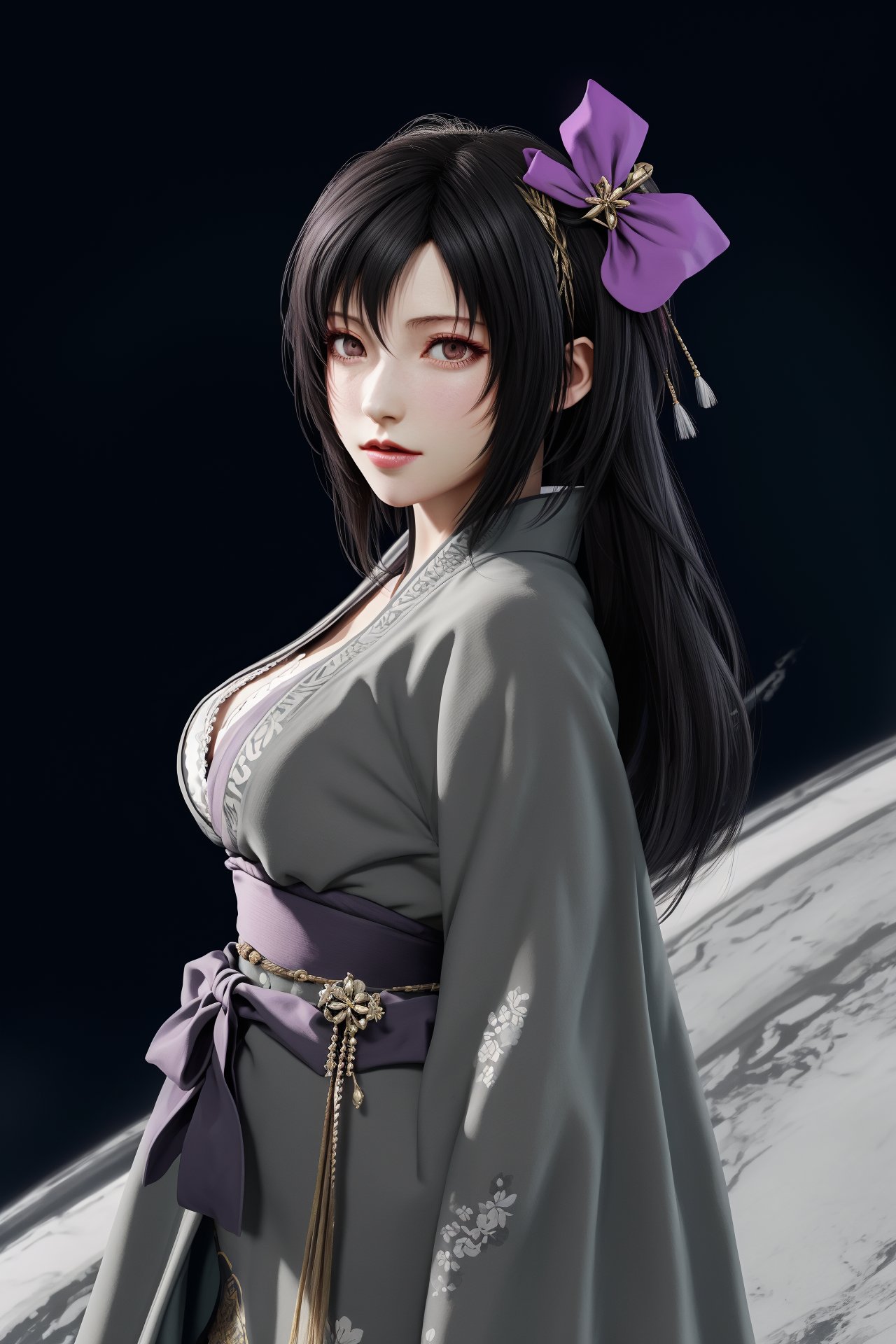 1girl,hair ornament,grey_kimono,tifa lockhart,<lora:好吃米-tifa-v3:0.6>,