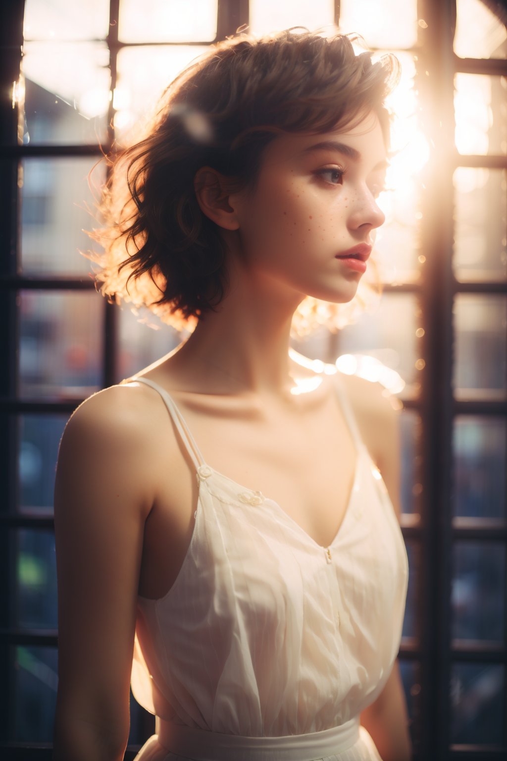 dygqzmv, 1girl, solo, dress, brown hair, short hair, white dress, looking at viewer, parted lips, lips, realistic, backlighting, freckles, bare shoulders, breasts, window, small breasts