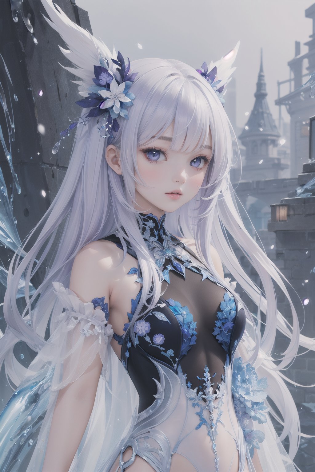 (masterpiece, top quality, best quality, official art, beautiful and aesthetic:1.2),(1girl),extreme detailed,(fractal art:1.3),colorful,highest detailed..,Purple,White,Blue,Chest,Abdomen,Snowflakes falling,(whole body:1.5),a face,(Only one face.:1.1),.,  