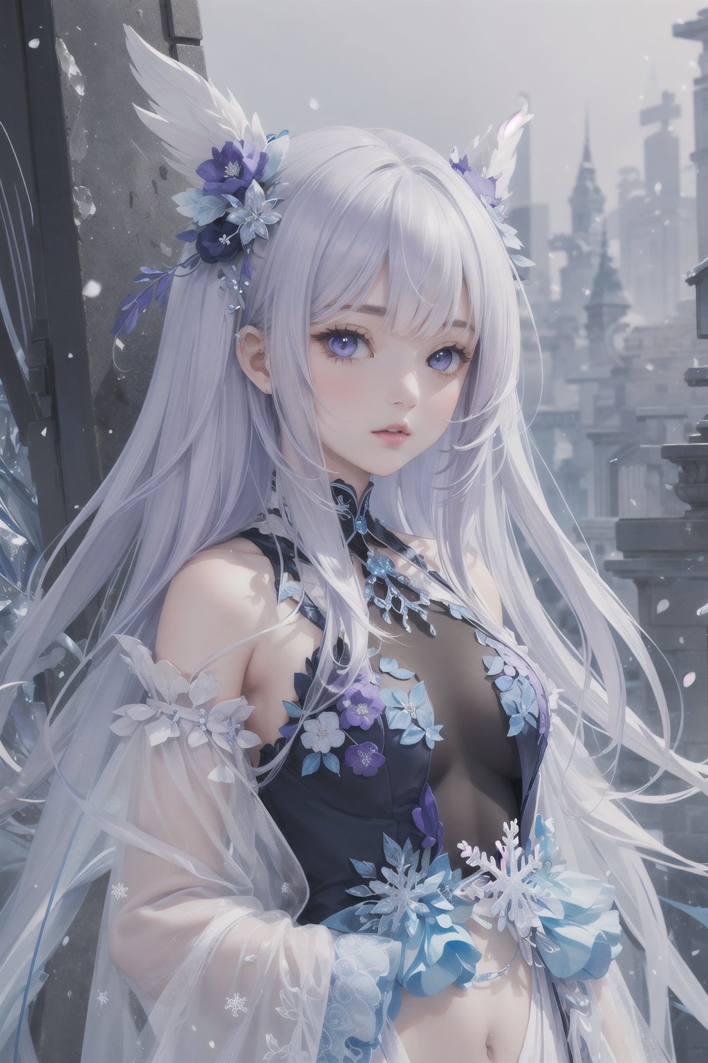 (masterpiece, top quality, best quality, official art, beautiful and aesthetic:1.2),(1girl),extreme detailed,(fractal art:1.3),colorful,highest detailed..,Purple,White,Blue,Chest,Abdomen,Snowflakes falling,(whole body:1.5),a face,(Only one face.:1.1),.,  