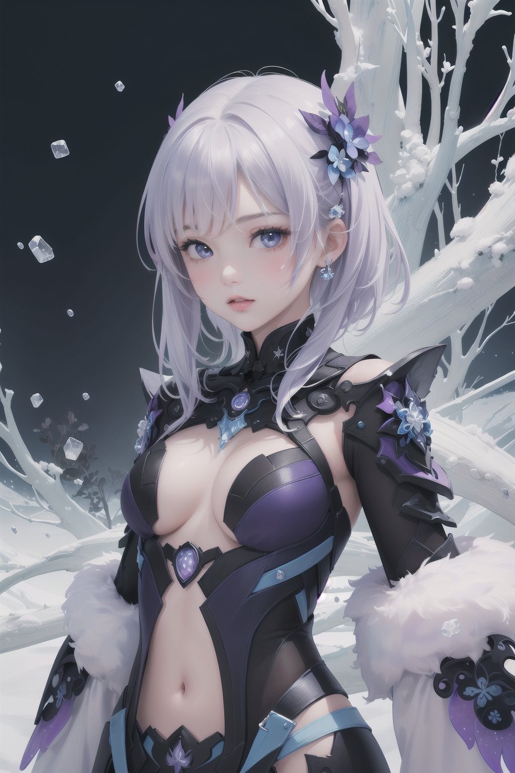 (masterpiece, top quality, best quality, official art, beautiful and aesthetic:1.2),(1girl),extreme detailed,(fractal art:1.3),colorful,highest detailed..,Purple,White,Blue,Chest,Abdomen,Snowflakes falling,(whole body:1.5),a face,(Only one face.:1.1),.,  