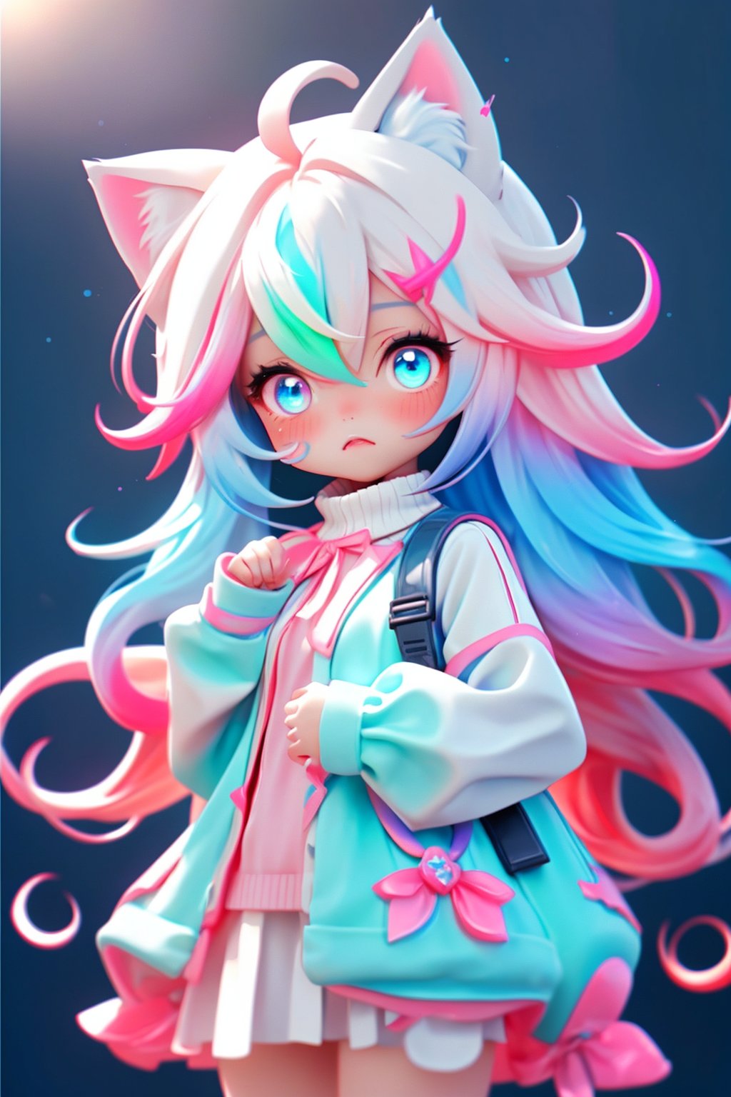  cowboy shot, masterpiece, Splash color, soft lighting, (cocktail glass), 1girl, solo, cat ears, multicolored hair, ((gradient hair), white+(blue)+(pink:0.5) hair//), very long hair, messy hair, bangs, ahoge, ((gradient eyes), pink+light_blue eyes//), slit pupils, glowing eyes, 1fang, white sweater, loli,