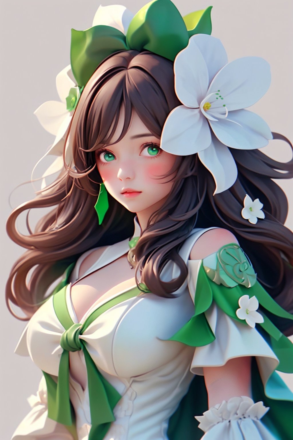 A girl with brown hair, upper body, facing the viewer, one white flower on head ,(green dress ),white dress , revealing her arms,large chest,Long hair, (((tied hair))), 1girl,green-eyes