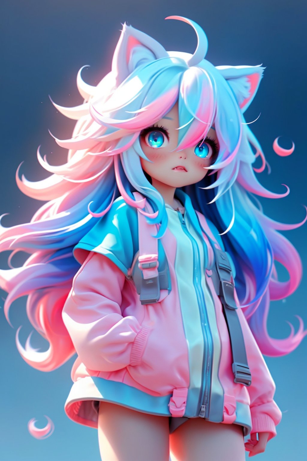  cowboy shot, masterpiece, Splash color, soft lighting, (cocktail glass), 1girl, solo, cat ears, multicolored hair, ((gradient hair), white+(blue)+(pink:0.5) hair//), very long hair, messy hair, bangs, ahoge, ((gradient eyes), pink+light_blue eyes//), slit pupils, glowing eyes, 1fang, white sweater, loli,