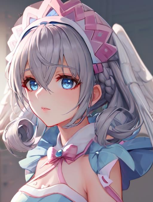 best quality, masterpiece, highres, detailed, digital artwork, <lora:Detail - add_detail:0.2>, MeliaXenoblade, blue eyes, head wings, hair between eyes, grey hair, <lora:Character - MeliaXenoblade:0.9>, pink dress, short hair, upper body, headdress, 