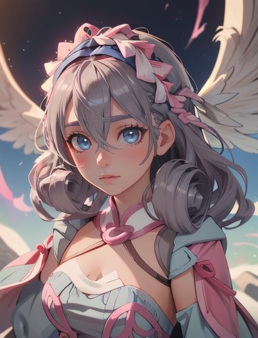 best quality, masterpiece, highres, detailed, digital artwork, <lora:Detail - add_detail:0.2>, MeliaXenoblade, blue eyes, curly sidelocks, head wings, hair between eyes, grey hair, <lora:Character - MeliaXenoblade:0.9>, pink dress, 