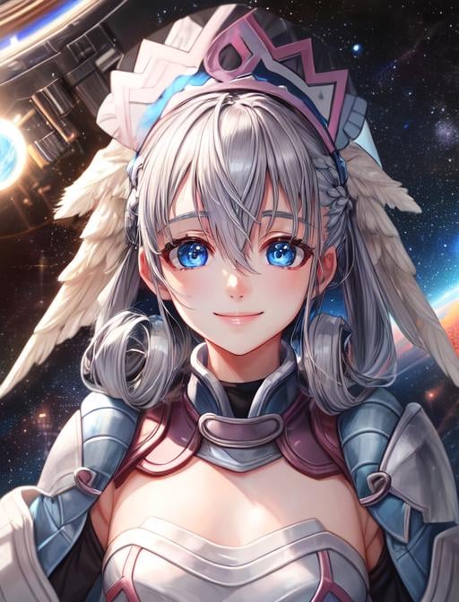 best quality, masterpiece, highres, detailed, digital artwork, <lora:Detail - add_detail:0.2>, MeliaXenoblade, blue eyes, head wings, hair between eyes, grey hair, <lora:Character - MeliaXenoblade:0.9>, armor,   upper body, headdress,space station, happy, smile, 