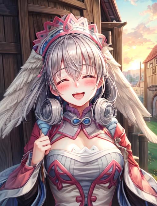 best quality, masterpiece, highres, detailed, digital artwork, <lora:Detail - add_detail:0.2>, MeliaXenoblade, closed eyes, head wings, hair between eyes, grey hair, <lora:Character - MeliaXenoblade:0.9>, animal print, casual,  upper body, headdress,medieval village, happy, laughing, blush,