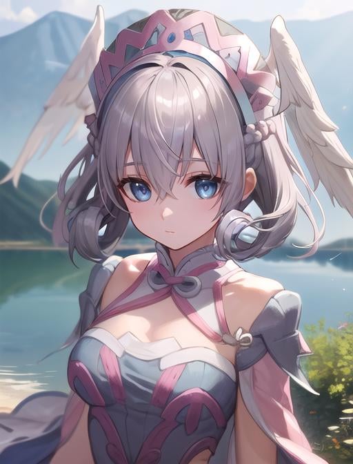 best quality, masterpiece, highres, detailed, digital artwork, <lora:Detail - add_detail:0.2>, MeliaXenoblade, blue eyes, head wings, hair between eyes, grey hair, <lora:Character - MeliaXenoblade:0.9>, pink dress, short hair, upper body, headdress,lake