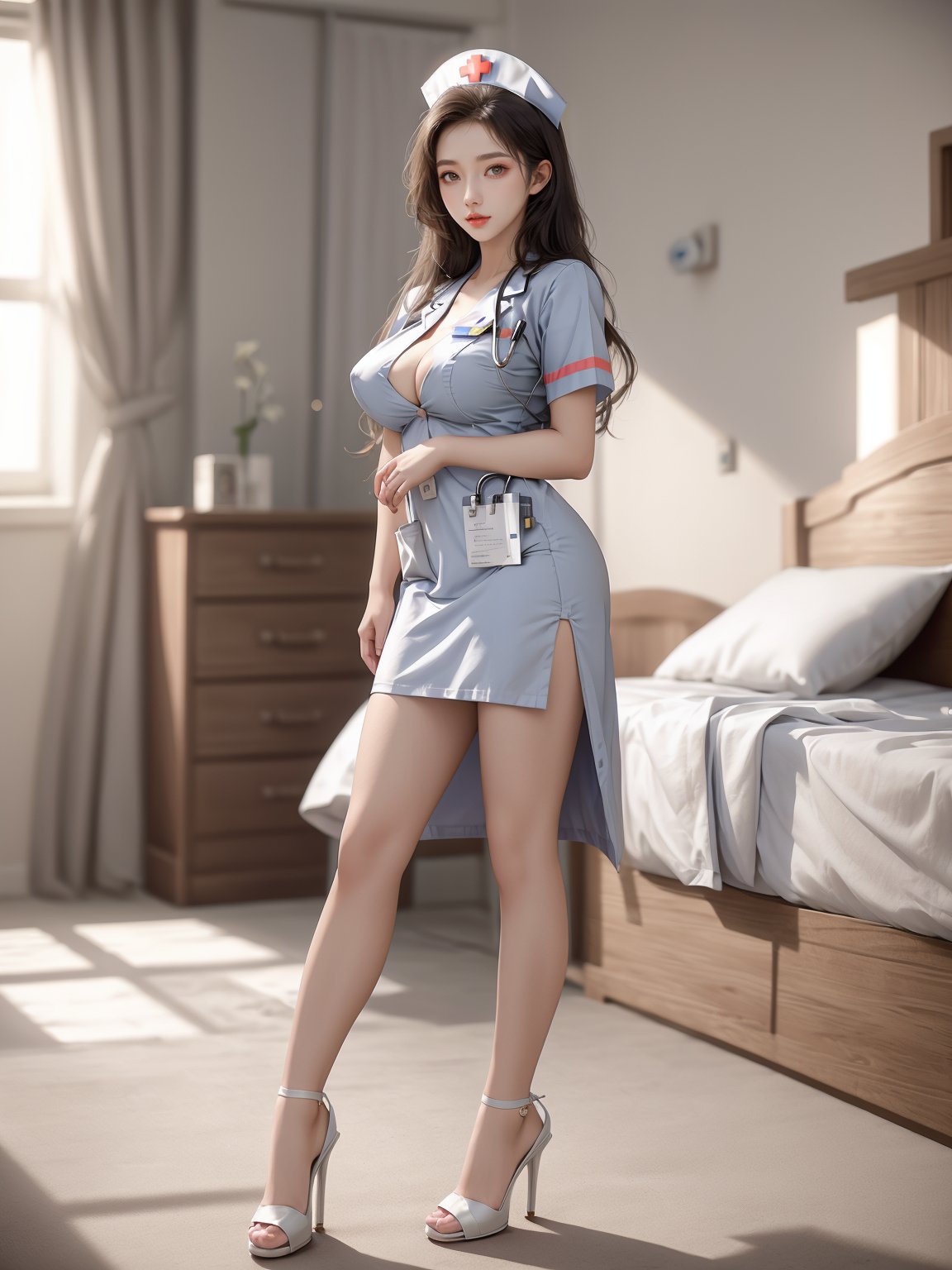 masterpiece,1 girl,Lovely,Sweet,Exquisite features,Long hair,Trainee Nurse,White nurse uniform,large breasts,nail polish,standing,full body,strappy heels,textured skin,super detail,best quality,,