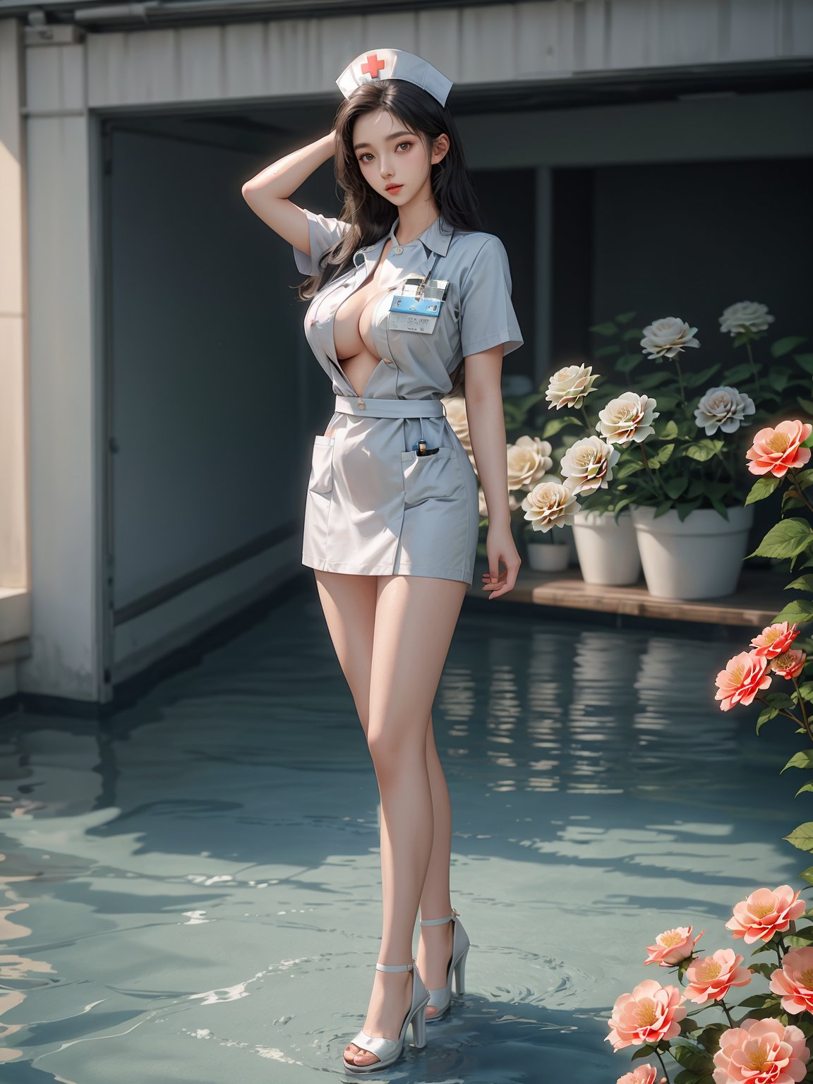 masterpiece,1 girl,Lovely,Sweet,Exquisite features,Long hair,Trainee Nurse,White nurse uniform,large breasts,nail polish,standing,full body,strappy heels,gradient,water,White flower,textured skin,super detail,best quality,,