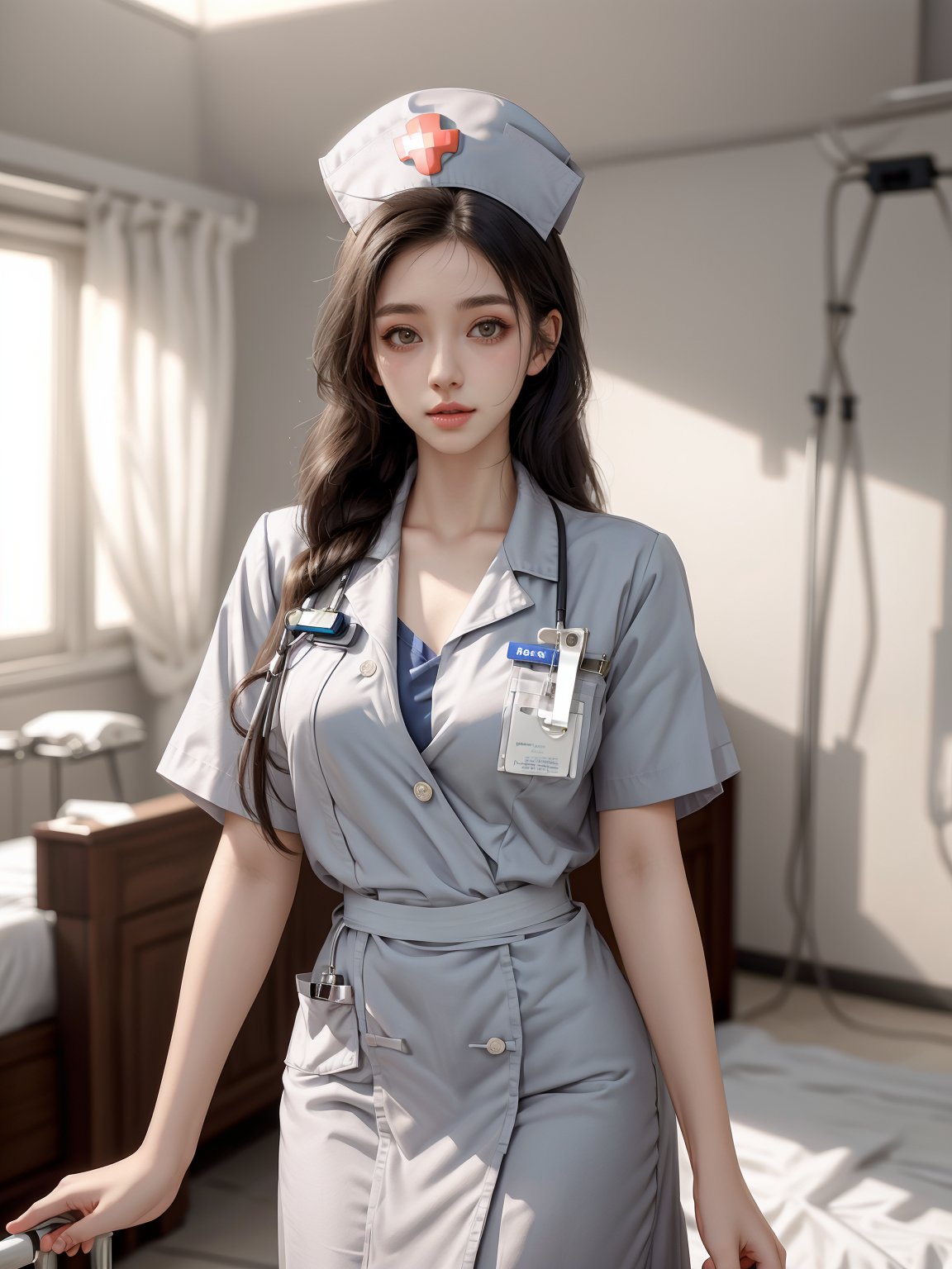 masterpiece, 1 girl, Lovely, Sweet, Long hair, nurse, looking at viewer, large breasts, (White nurse uniform:1.1), white dress, realistic, Stand, textured skin, super detail, best quality,