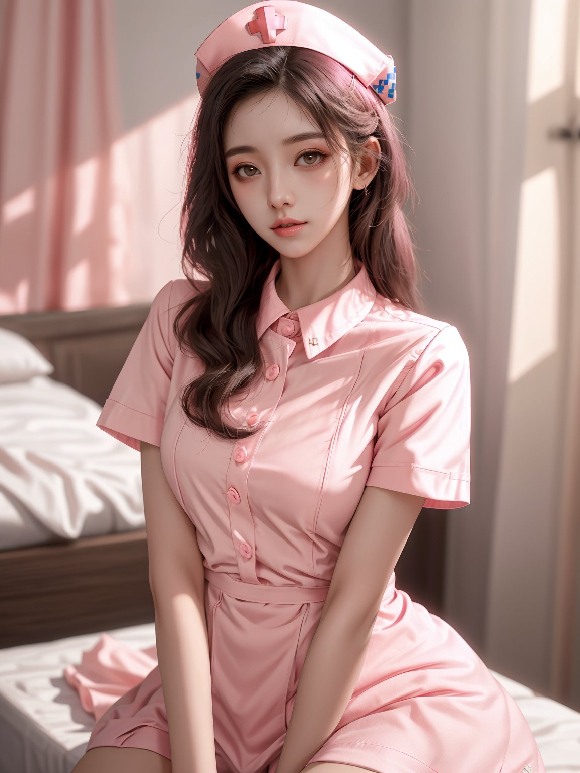 masterpiece, 1 girl, Lovely, Sweet, Long hair, nurse, looking at viewer, pink dress, Pink nurse's uniform, realistic, textured skin, super detail, best quality,