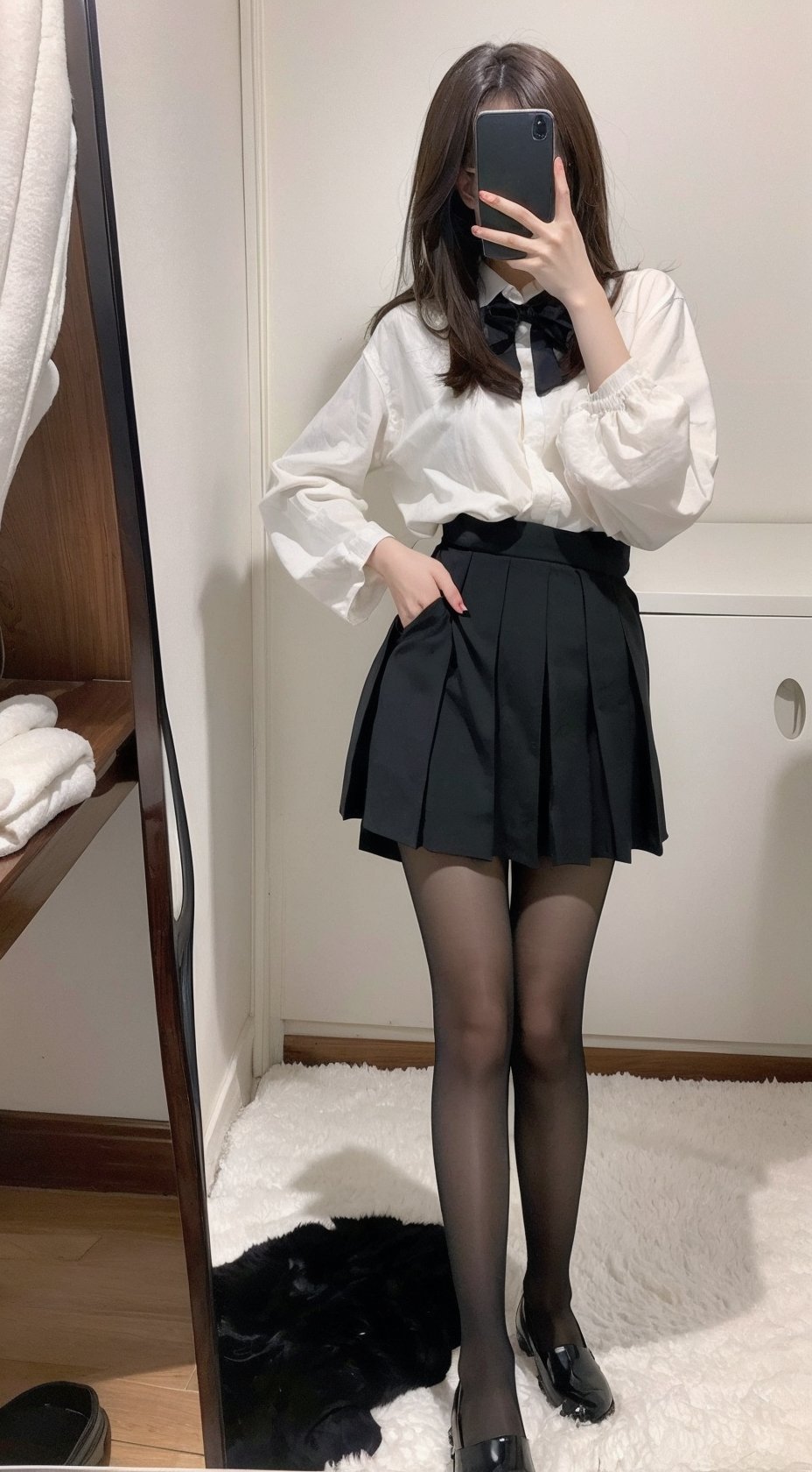  Best quality, 1girl, xtt's bodyA photo of oneself taken with a phone in front of a mirror ,full body, Wearing black Pleated skirt, wearing pantyhose , kneeling, Mobile selfie perspective, shapely body,midnight, xtt