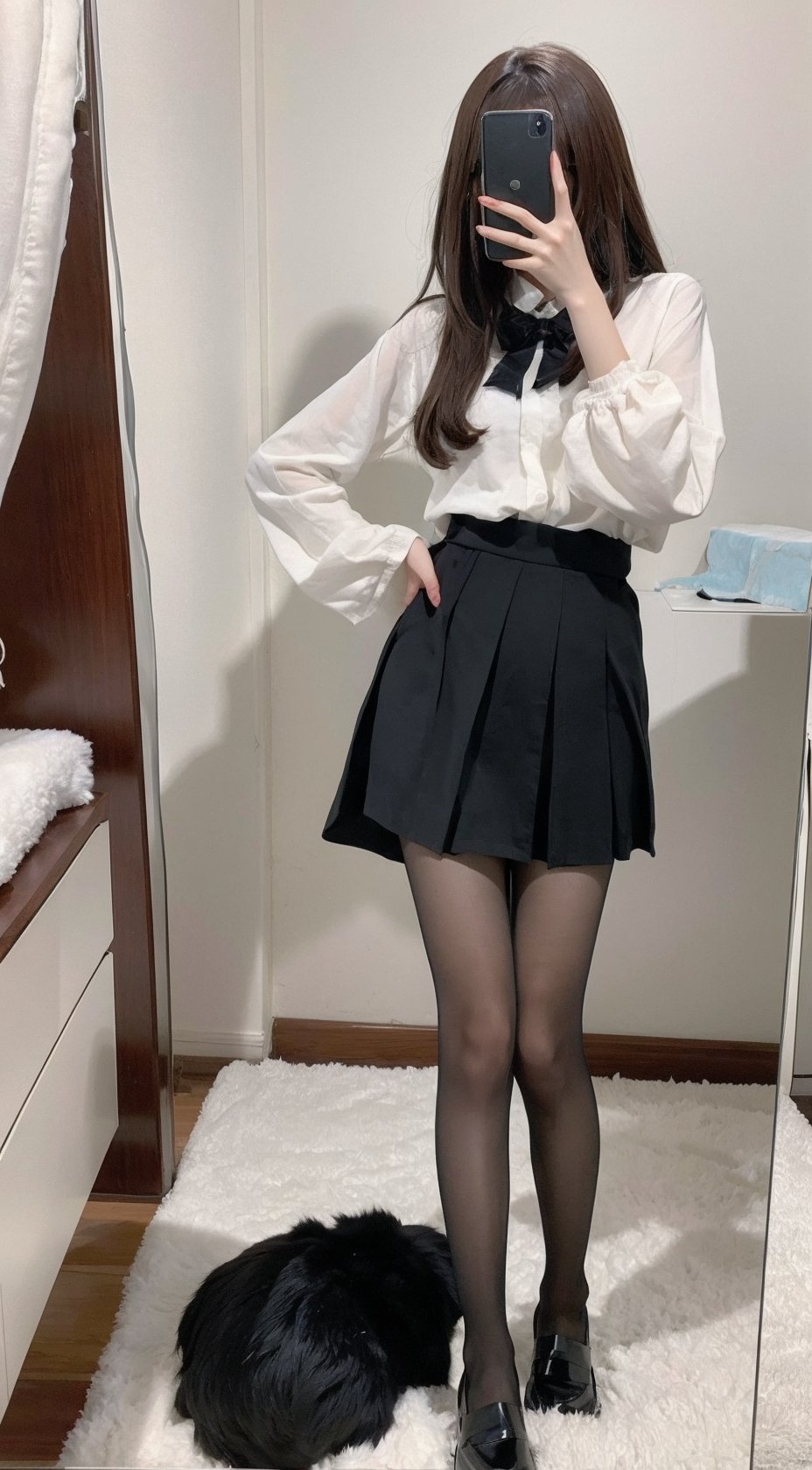  Best quality, 1girl, xtt's bodyA photo of oneself taken with a phone in front of a mirror ,full body, Wearing black Pleated skirt, wearing pantyhose , kneeling, Mobile selfie perspective, shapely body,midnight, xtt