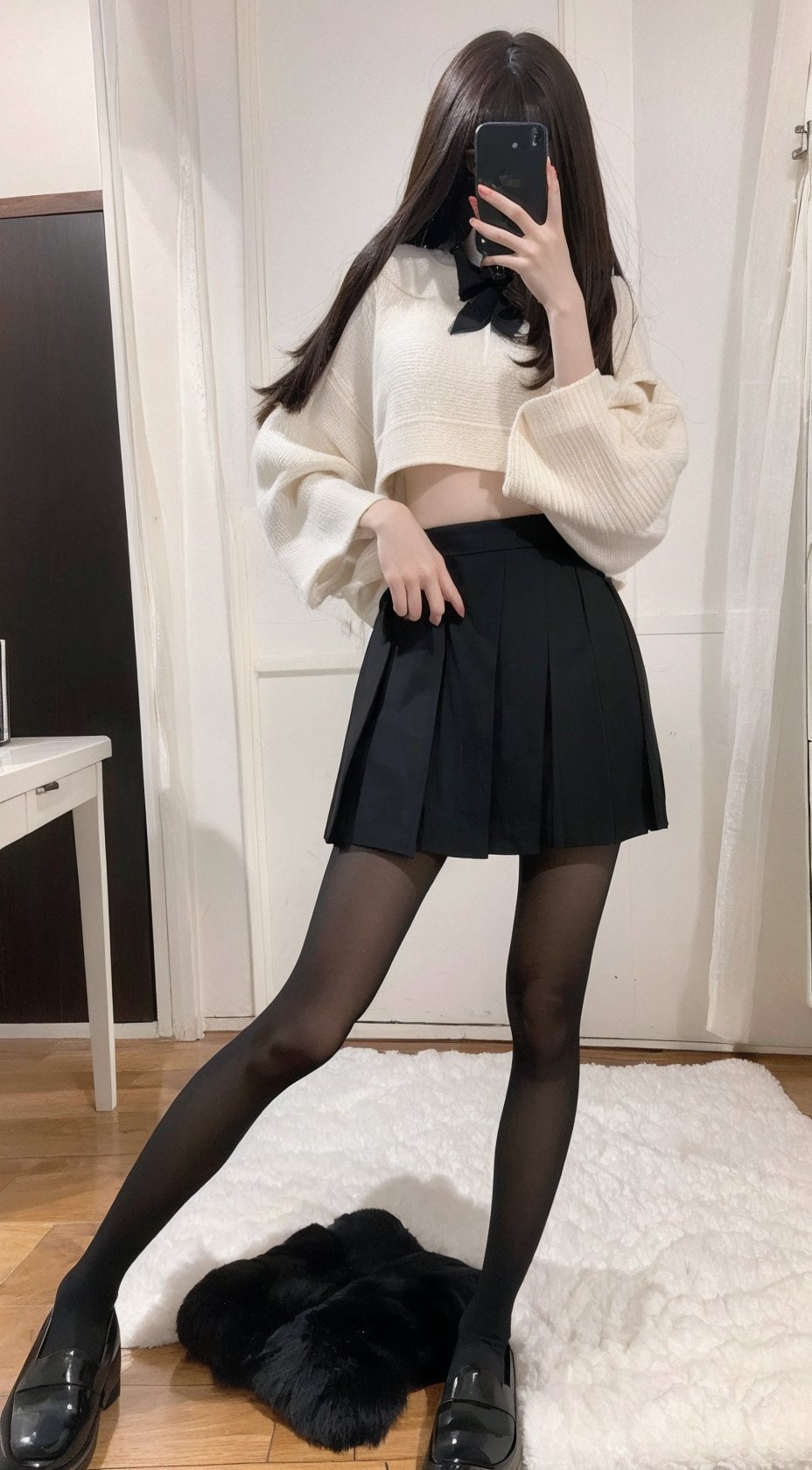  Best quality, 1girl, xtt's bodyA photo of oneself taken with a phone in front of a mirror ,full body, Wearing black Pleated skirt, wearing pantyhose , kneeling, Mobile selfie perspective, shapely body,midnight, xtt