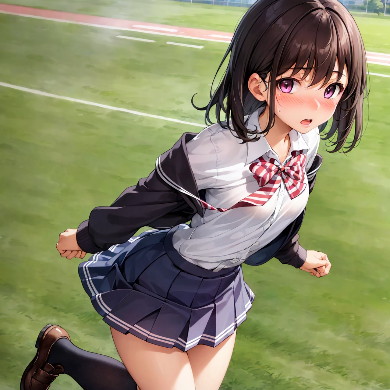 Best Quality,  Ultra-detailed,  GameCG,  10years old girl,  A dark-haired,  (short half up:1.1),  (small tits:1.1),  (sexy school uniform:1.2),  Eyes and faces with detailed,  with blush cheeks,  cool expression,  Soft lighting,  Full-body angle,  athletic field,<lora:EMS-12225-EMS:0.000000>,<lora:EMS-221376-EMS:0.300000>