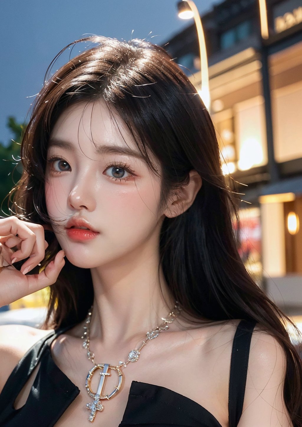 Soojin, 1 girl, detailed face, a woman with long black hair and a black shirt (((Nsfw))), outdoor scene, (night light),  led lighting, magnificent light, ((fire works)), close up, portrait, upperbody, RAW, (intricate details:1.3), (best quality:1.3), (masterpiece:1.3), (hyper realistic:1.3), best quality, 1 girl, ultra-detailed, ultra high resolution, very detailed mphysically based rendering, dynamic angle, dynamic pose, wind, 8K UHD, Vivid picture, High definition, intricate details, detailed texture, finely detailed, high detail, extremely detailed cg, High quality shadow, a realistic representation of the face, beautiful detailed, (high detailed skin, skin details), slim waist, beautiful and realistic and detailed hands and fingers:1, best ratio four finger and one thumb, (detailed face, detailed eyes, beautiful face), ((korean beauty, kpop idol, ulzzang, korean celebrity, korean cute, korean actress, korean, a beautiful 18 years old beautiful korean girl)), (high detailed skin, skin details), Detailed beautiful delicate face, Detailed beautiful delicate eyes, a face of perfect proportion, (beautiful and realistic and detailed hands and fingers:1.3), (Big breasts:1.3), (full body shot:1.3), (long legs:1.3), (sparkling eyes:1.3), (sparkling lips:1.3), taken by Canon EOS, SIGMA Art Lens 35mm F1.4, ISO 200 Shutter Speed 2000, Vivid ((korean beauty, kpop idol, ulzzang, korean celebrity, korean cute, korean actress, korean, 인스타 여신:1.3, a beautiful 18 years old beautiful korean girl)), (blue eye), (black long hair),chanel_jewelry, chanel_bag, vancleef_necklace,Nice legs and hot body, see-through,hourglass bodyshape,Soojin 