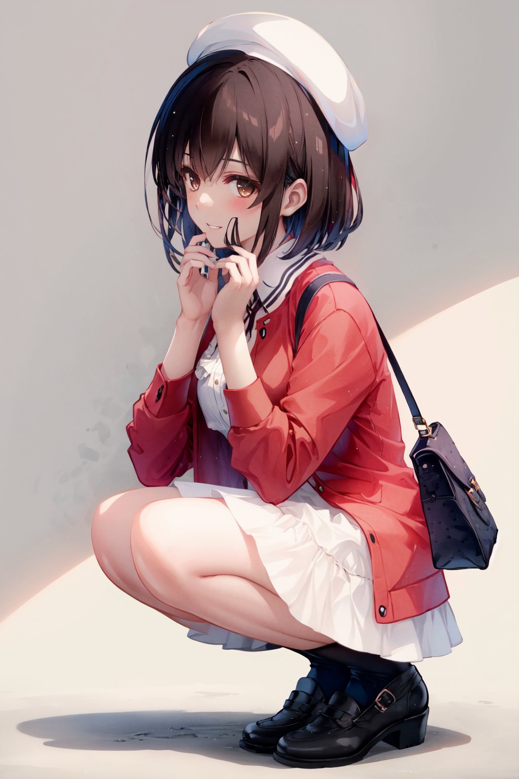 1girl, katou megumi, solo, bangs, hat, short hair, squatting, white headwear, brown eyes, looking at viewer, blush, brown hair, dress, shoes, white background, skirt, jacket, socks, black hair, smile, full body, own hands together, red jacket, beret, simple background, bag, white socks, parted lips