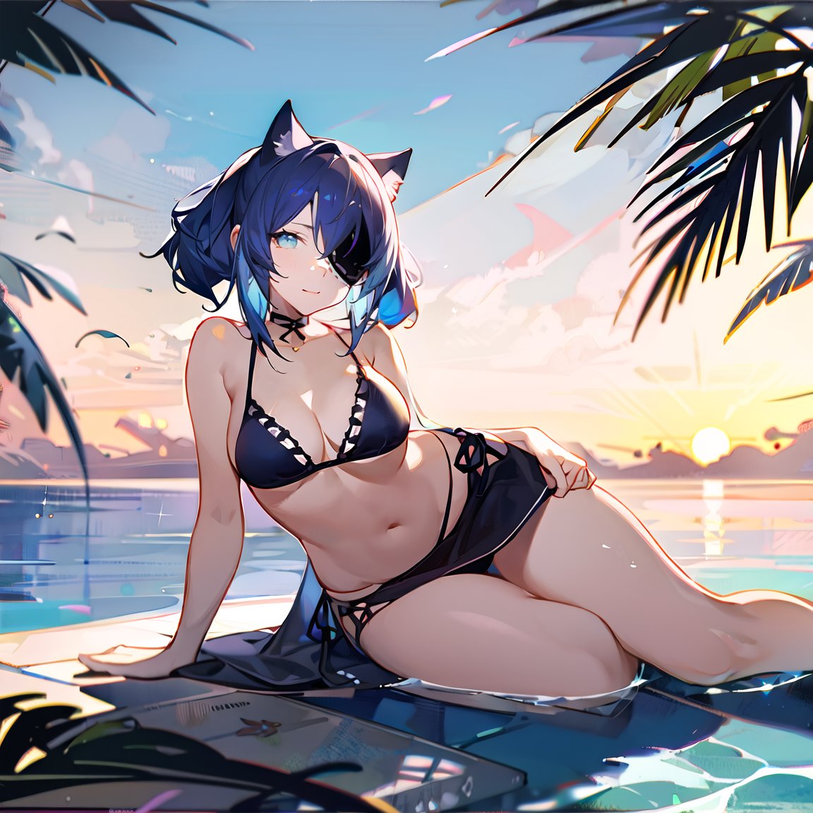 (masterpiece, best quality,top quality),(wide shot:0.95),(full body),Dynamic angle,solo,1girl,looking at viewer,bikini,bikini_skirt,twintails,cat ears,naughty_face,(light blue hair:1.2),eyepatch,water fly,palm tree in background,sun,day light,sunny,large sky,beach,depth_of_field,particle effects,