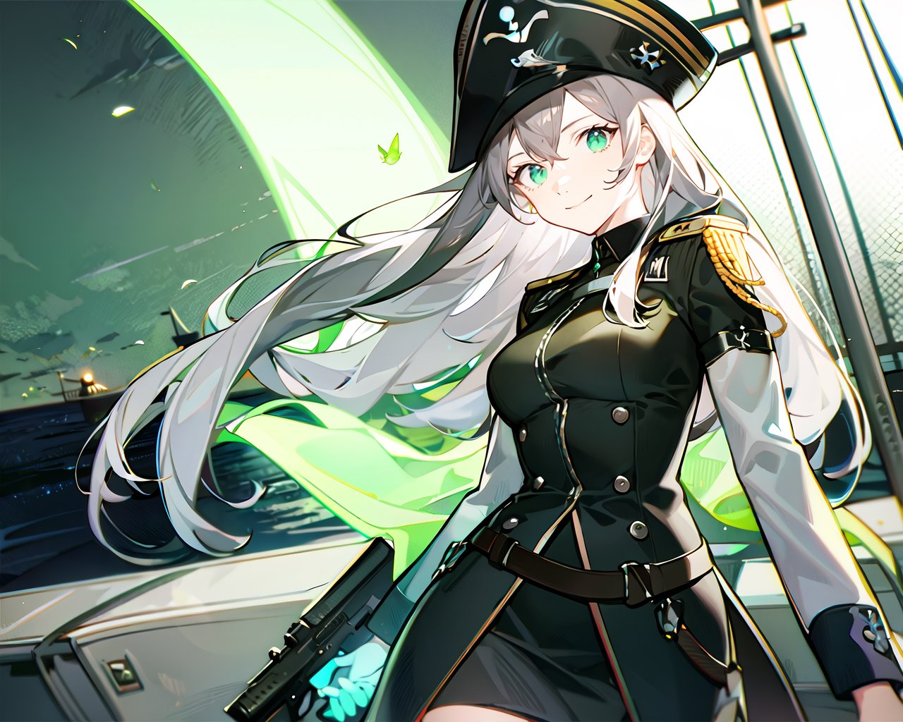 masterpiece,best quality),(detail face,perfect face),(cowboy_shot:1.3),Dynamic angle,1girl,pirate,glowing_eye,pirate_hat,silver hair,leather,dress,military_uniform,posing,smile,very_long_hair,),hair_spread_out,holding_gun,outdoors,ship deck,mast,sail,ocean,(night:1.1),(complex background:1.1),(green ghost fly),bright,green light,glowing,illuminatio,particle effects,Balance and coordination between all things,black_green theme,