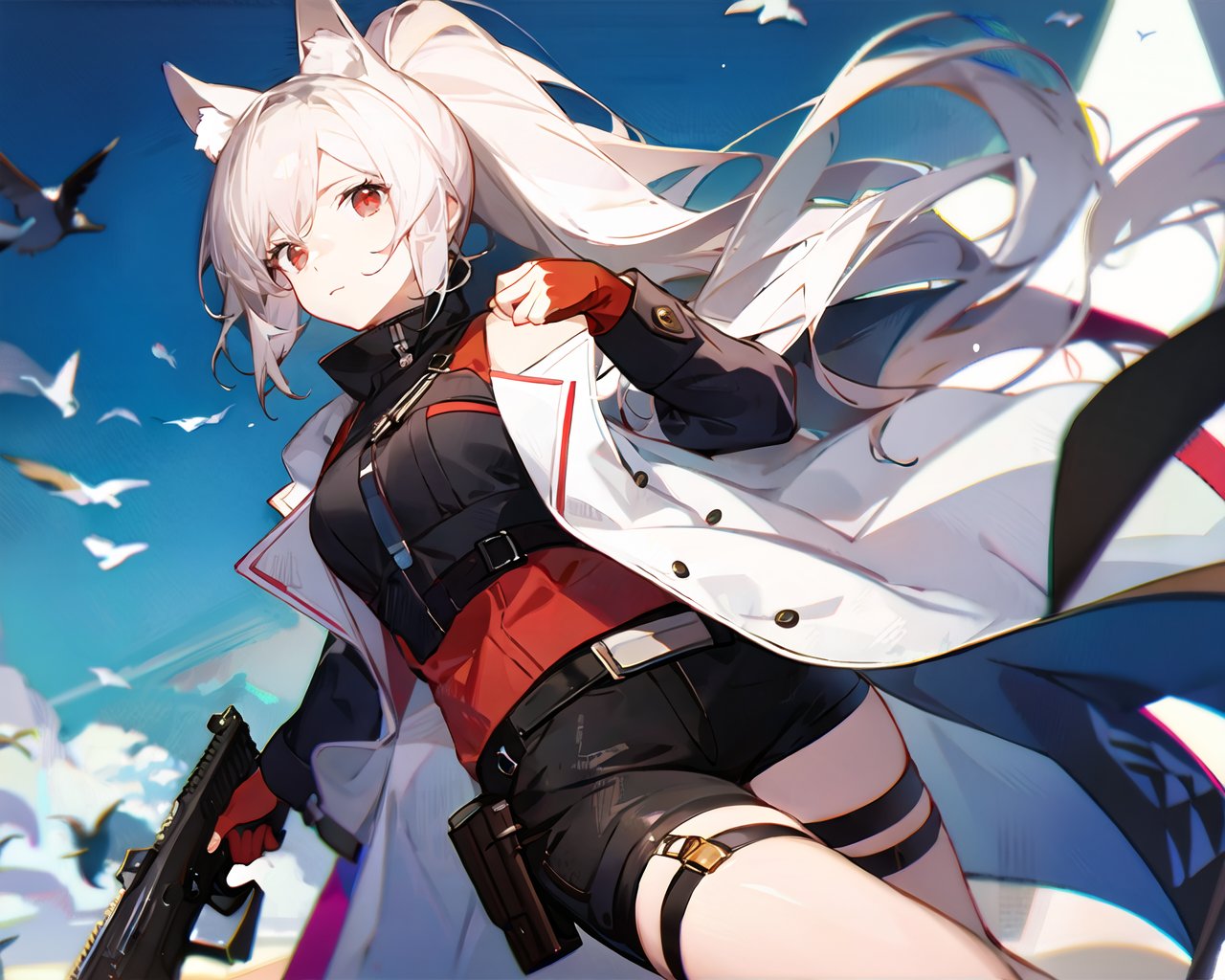 (masterpiece, best quality,top quality),1girl,long hair,gloves,fingerless gloves,1girl,holding,bird,animal ears,holding weapon,weapon,red eyes,open coat,thigh strap,gun,holding gun,coat,people,animal ear fluff,very long hair,outdoors,ponytail,rifle,day,sky,open clothes,black gloves,shorts,looking at viewer,solo focus,bangs,white hair,parted bangs,cloud,blue sky,closed mouth,