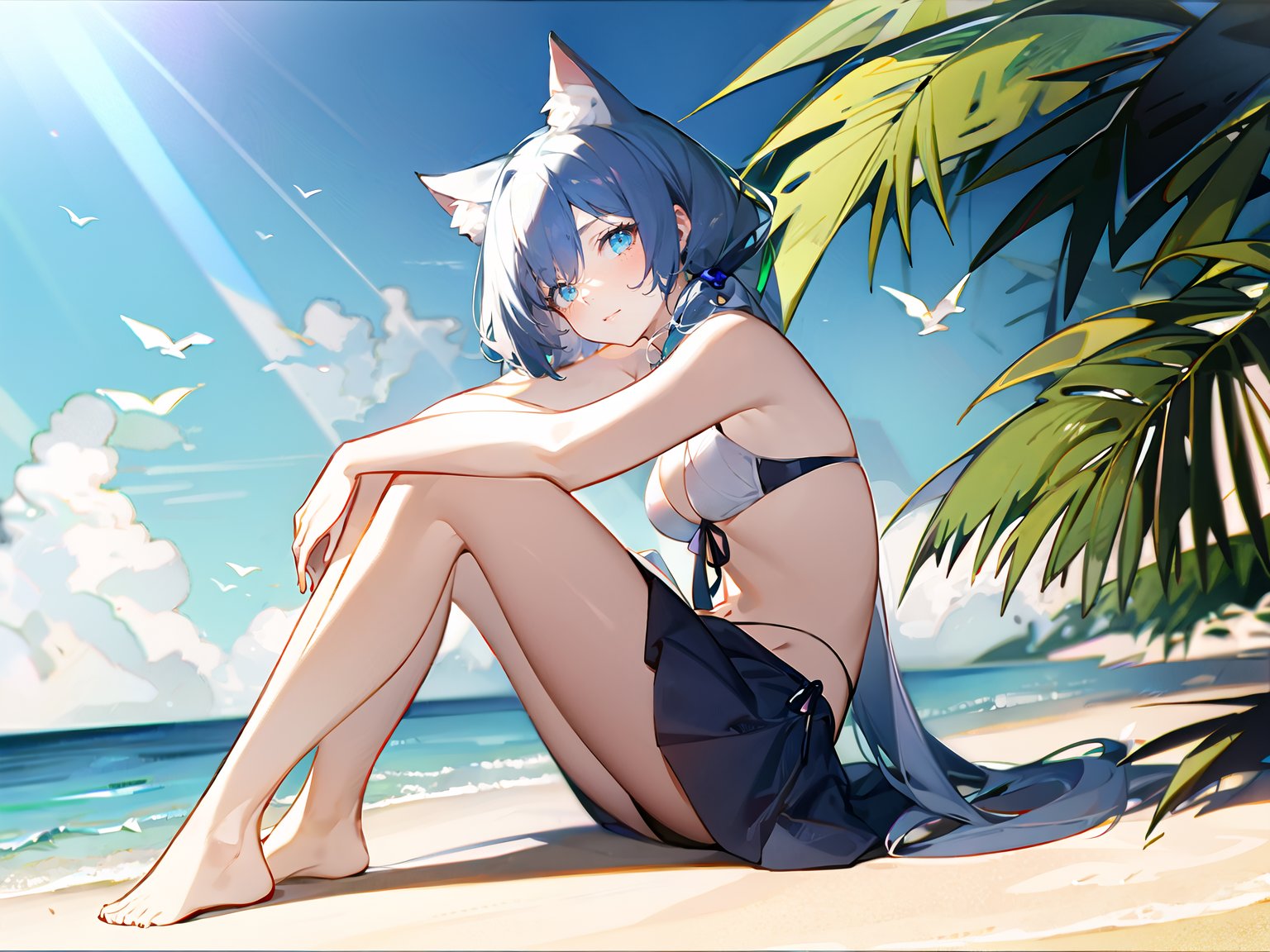 (masterpiece, best quality,top quality),(wide shot:0.95),(full body),Dynamic angle,solo,1girl,looking at viewer,bikini,bikini_skirt,(twintails:1.1),cat ears,naughty_face,(light blue hair:1.2),eyepatch,water fly,palm tree in background,sun,day light,sunny,large sky,beach,depth_of_field,particle effects,