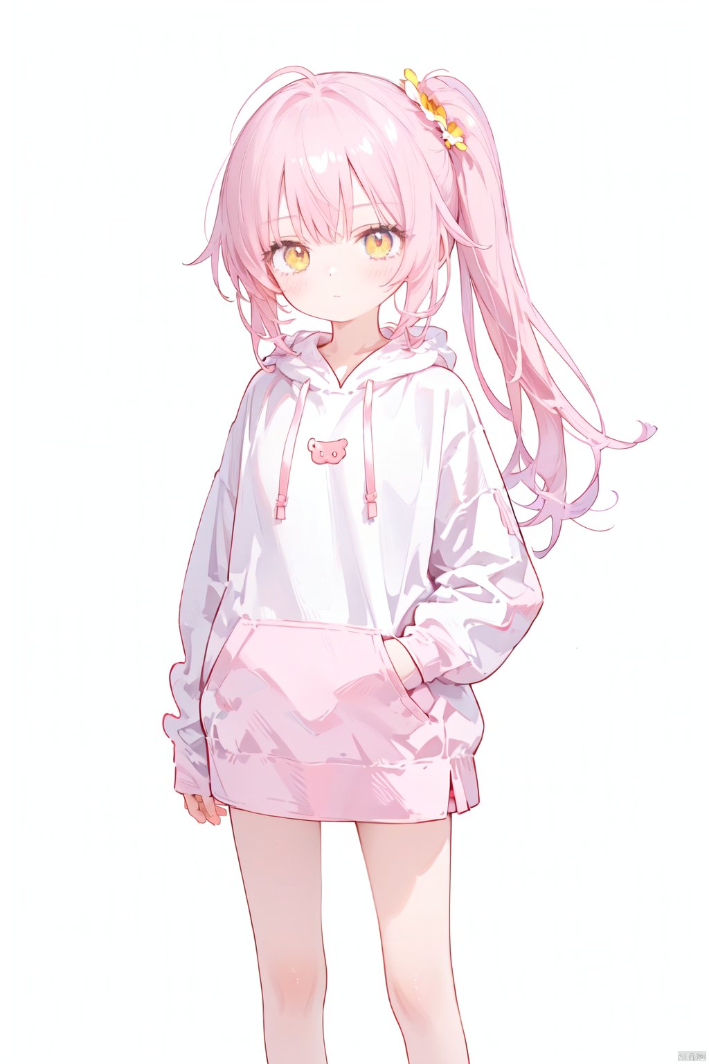 1petite loli, solo.pink hair, long pink hair, (yellow eyes), hair flower, fipped hair, high ponytail, loose over_sized Casual T-shirt, white shirt, hoodie coat, bare legs, slippers;relaxed, one-eye_closed, adjusting hair, looking at viewer, standing.