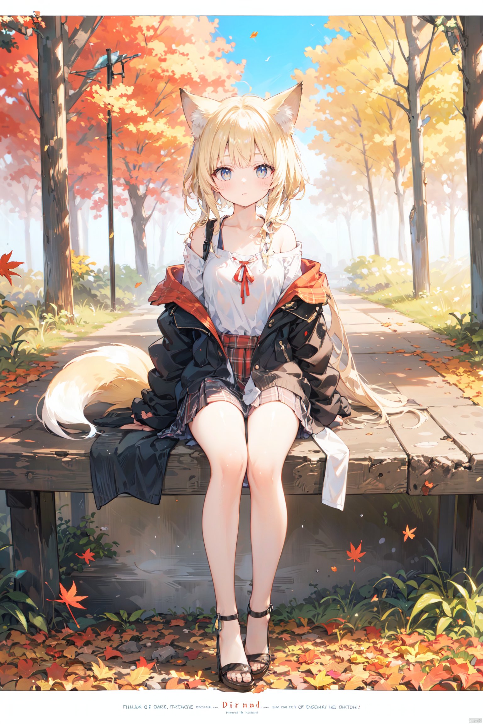 1girl, solo, looking at viewer, sitting, fox ears, full body, strappy heels,plaid shirt, short sleeves,jacket, bow, bangs, low ponytail, blonde hair fox tail, fox girl, kitsune, ((autumn, outdoors, day, forest, falling leaves, bird, leaf)), (fog, dyntall effect), (wide shot, panorama, full body, depth of field),(movie poster,english text),(Flagstone road,branches)