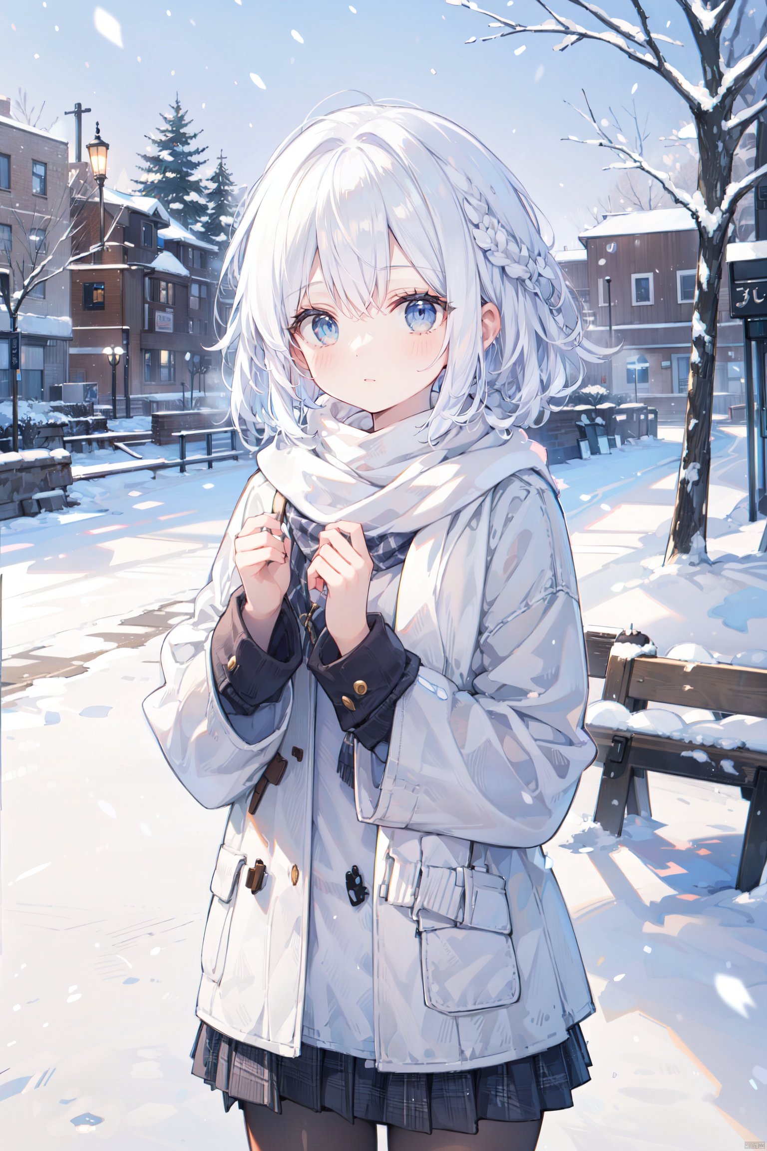 ((masterpiece)), (best quality), 8k, highly detailed, auto-detailed,, A girl with short white hair wearing a scarf and winter clothing in a snowy campus., girl, (white hair), (scarf), winter clothing, campus, snow