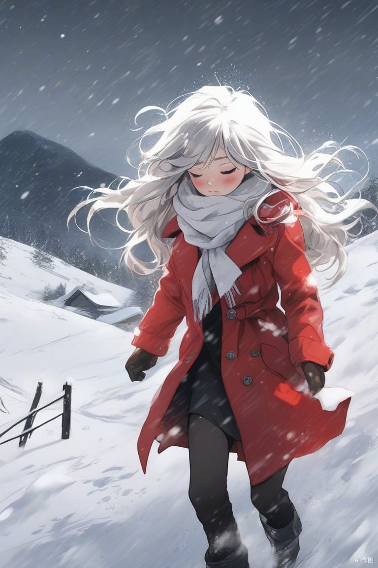  1 girl,full body,detailed face,In the snow all over the sky, a girl walking alone in the snow, wearing red thin trench coat, with a white scarf, Bare legs, bare feet, Holding her body tightly, her head bowed, her eyes closed, her mouth pressed together, and she was about to cry, Long white hair blows in the wind, The detailed and beautiful face was depressed, step by step, behind is a series of footprints, the snow is very big, the biting wind blowing her scarf, the distance is unbroken snow mountains, in this evening, helpless forward. , greyscale,sketch, monochrome, greyscale,crying, concept art