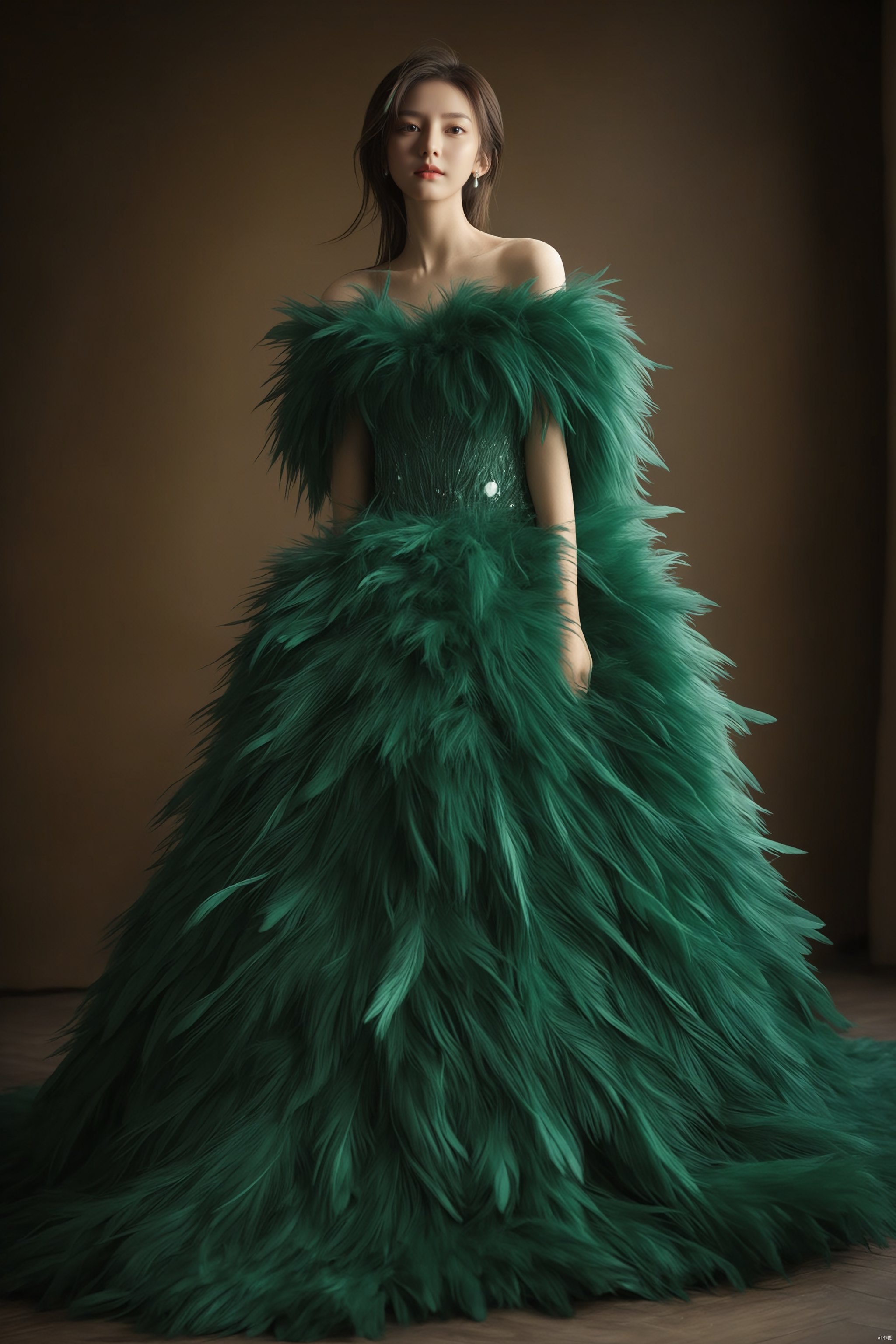  1girl,a gorgeous long dress made of feathers,green feather,huge feathers,complex background,beautiful background,(feathers everywhere:1.3),depth of field level,
lyf,