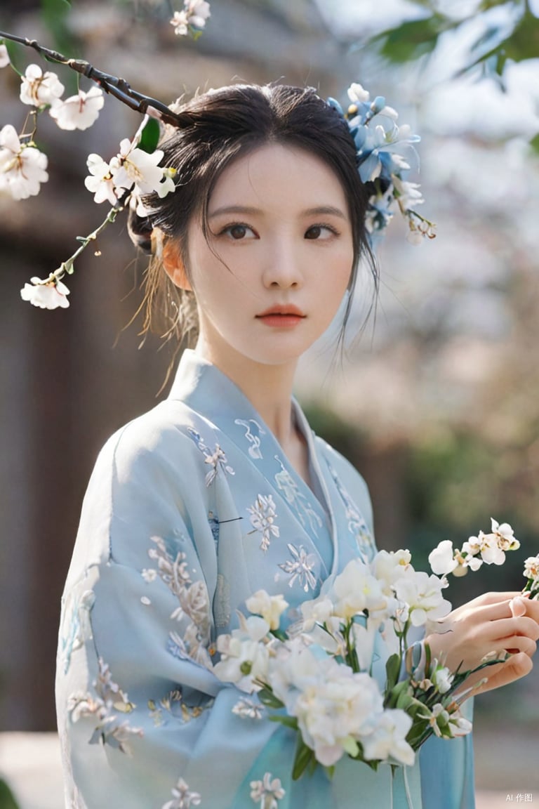  chibi,blind box,1girl,(hanfu),black hair,light blue long shan,single hair bun,necklaces,(hair details:1.1),face details,(full_shot:1.3),(looking_up),with white flowers in the background,high details,ultra realistic,32k,RAW photo,8k uhd,high quality,arms_at_sides,
, sunlight, monkren, realistic