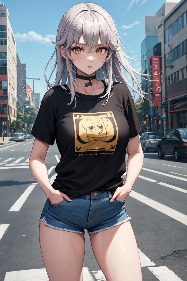 masterpiece, best quality, absurdres, ZentreyaCyborg, yellow eyes, long hair, t-shirt, denim shorts, standing, outdoors, city, hands in pockets, <lora:ZentreyaCyborg:1>