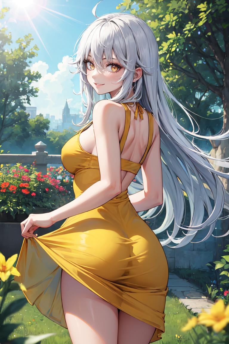 masterpiece, best quality, absurdres, ZentreyaCyborg, yellow eyes, long hair, from behind, (yellow sundress), garden, day, sunshine, smile, looking back, <lora:ZentreyaCyborg:1>