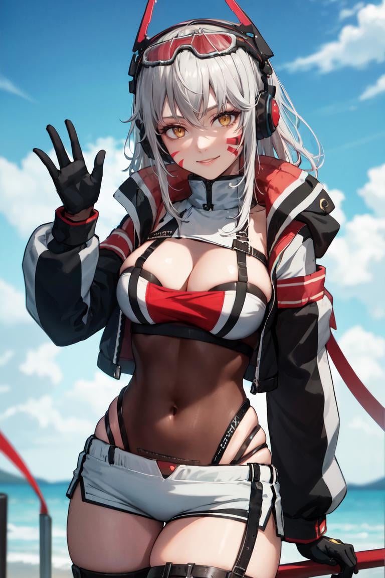 masterpiece, best quality, absurdres, ZentreyaCyborg2nd, yellow eyes, facial mark, long hair, headgear, headphones, goggles on head, cropped jacket, leotard, black gloves, shorts, black thighhighs, thigh strap, outdoors, waving at viewer, smile, <lora:ZentreyaCyborg:1>