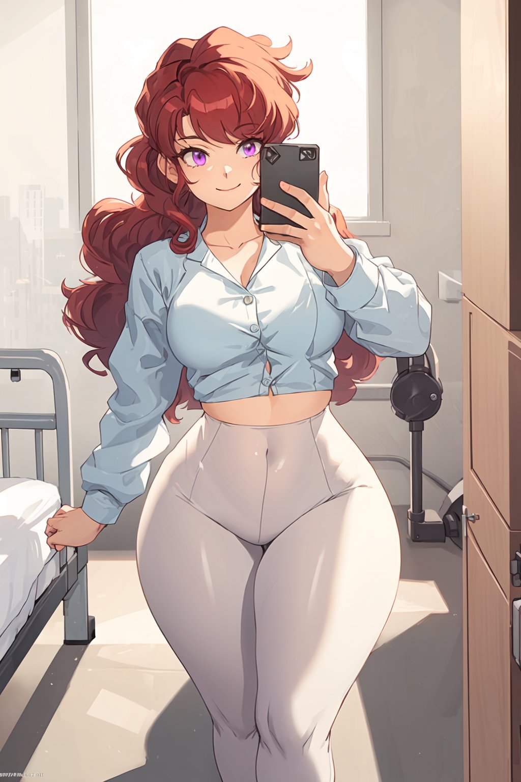 masterpiece,  best quality,  highly detailed background,  perfect lighting,  best quality,  (extremely detailed face),  volumetric lighting,  intricate details,  shadow,  tonemapping,  sharp focus,  hyper detailed,  trending on Artstation,  (solo)
BREAK
(Red hair,  curly hair, big hair purple eyes,  long hair,  wide hips,  curvy_figure,  thick-thighs,  curvy,  curvy_hips,  slender_waist),  (hands) 
BREAK
(white shirt, long sleeves, buttons, white pants)
BREAK 
(Indoors, hospital, hospital bed, hospital bedroom,  selfie,  fittingroom) 
BREAK
Closed_mouth, light smile,