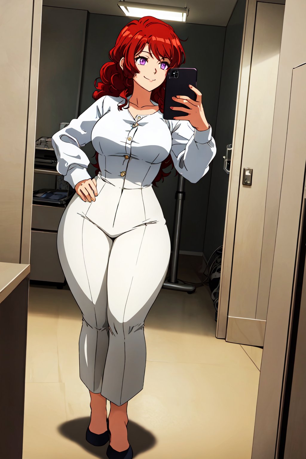 masterpiece,  best quality,  highly detailed background,  perfect lighting,  best quality,  (extremely detailed face),  volumetric lighting,  intricate details,  shadow,  tonemapping,  sharp focus,  hyper detailed,  trending on Artstation,  (solo)
BREAK
(Red hair,  curly hair, big hair purple eyes,  long hair,  wide hips,  curvy_figure,  thick-thighs,  curvy,  curvy_hips,  slender_waist,  hourglass body shape),  (hands) 
BREAK
(white shirt, long sleeves, buttons, edgPalazzo_pants, white pants)
BREAK 
(Indoors, hospital, hospital bed, hospital bedroom,  selfie,  fittingroom) 
BREAK
Closed_mouth, light smile,