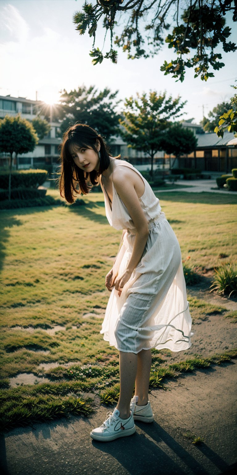  from very below shot,1girl,lowangle,sky,cloud,grass,blurry foreground, full body, (green:1.2),sun,(dandelion:1.1),shoe sole,