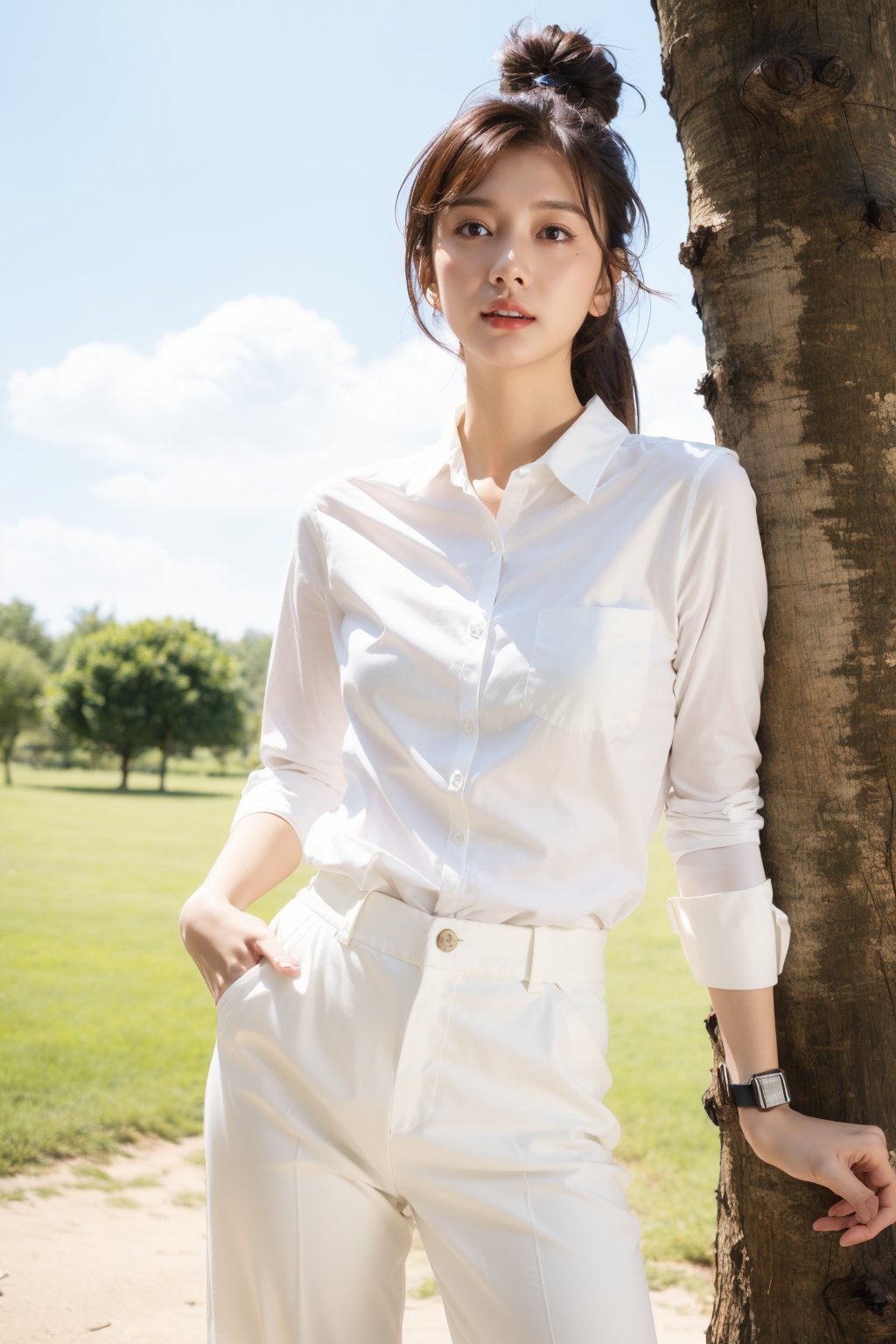  High quality, illustrations,watercolor:0.5, 1girl, the movement style, run with a dog, white shirt, white pants, one arm to wear sports watches, clouds, in the face of lens, the tree, the outdoors,cheerful candy \(module\),