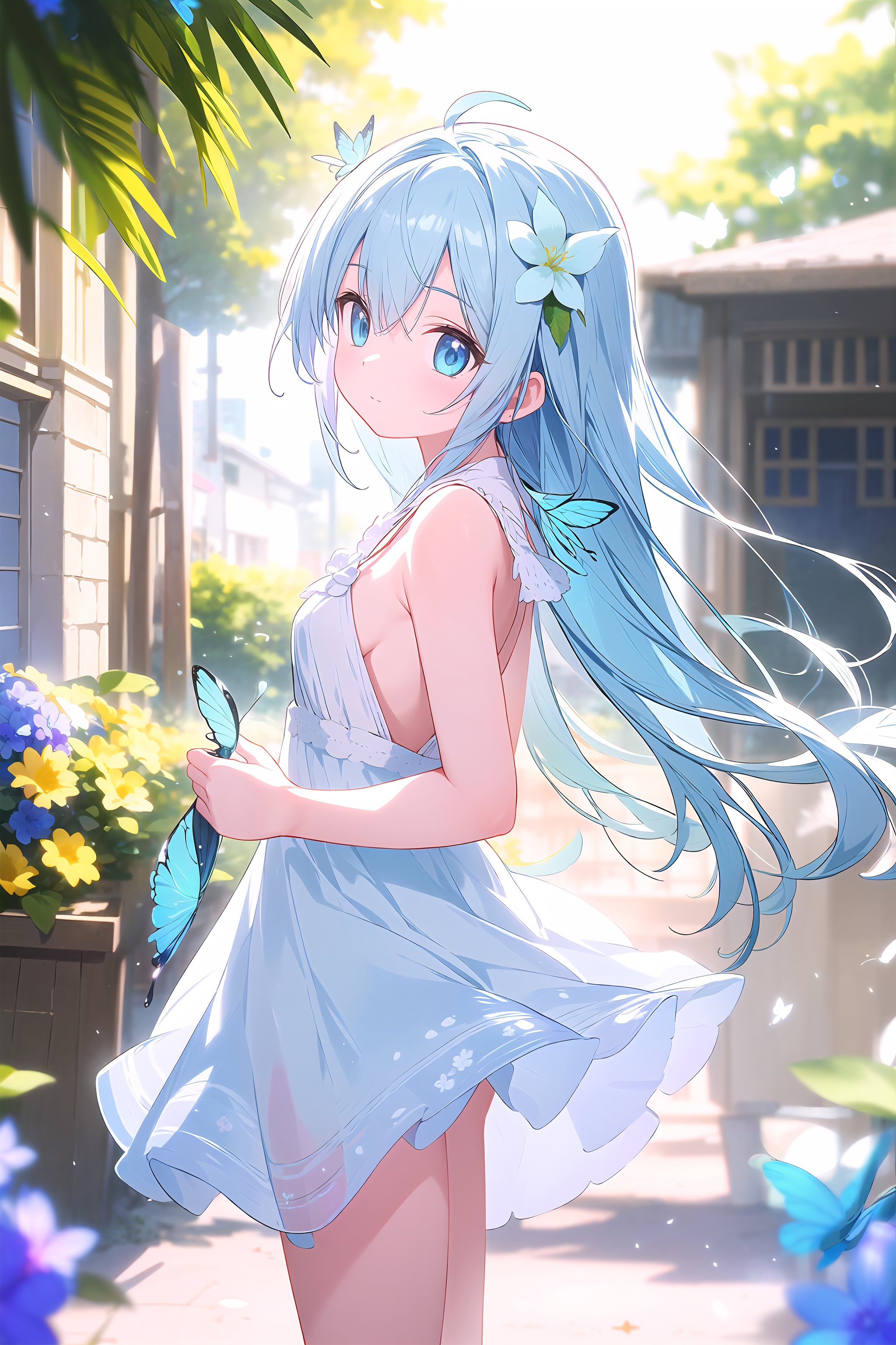 wide shot,(depth of field),global illumination,soft shadows,grand scene,backlight,lens flare,((colorful refraction)),((cinematic lighting)),in the market,from side,looking outside,with butterfly,1girl with lightblue long hair and blue aqua eyes,hair flowers,hime cut,sunlight,blurry background,blurry,White Dress,