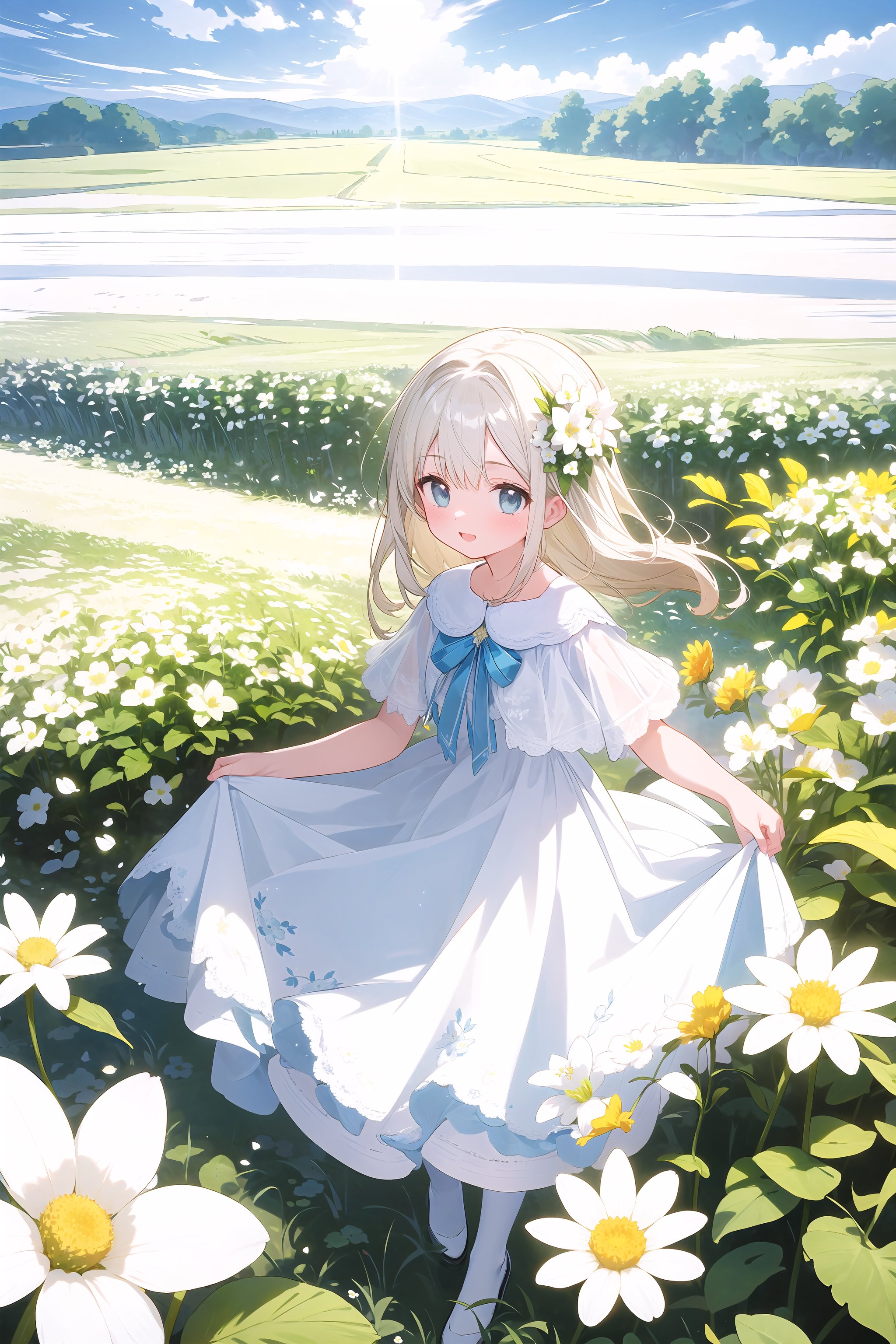 (official art, 8k wallpaper, ultra detailed, High quality, best quality),white flowers,1girl,from above,bird's-eye_view,vintage filter,among flowers,backlight,limited_palette,white,field s of flowers,