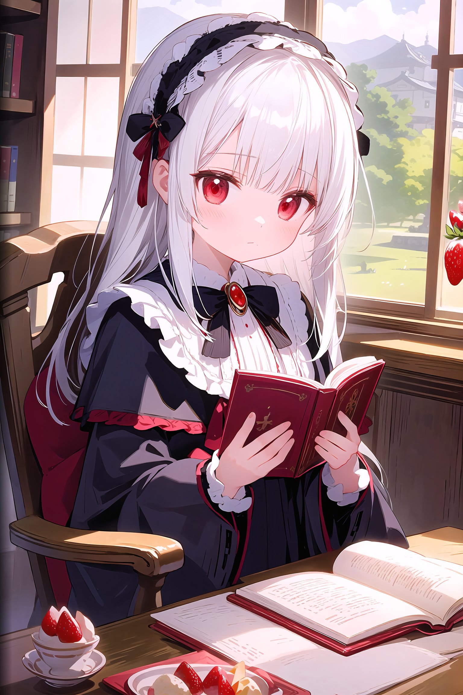 1girl,book,red eyes,open book,sitting,indoors,hairband,reading,frills,window,bow,parfait,black capelet,bangs,food,capelet,hair bow,jewelry,table,chair,brooch,black bow,strawberry,lolita fashion,closed mouth,long sleeves,fruit,upper body,hair ornament,frilled hairband,solo,loli,petite,white hair,straight_hair,long hair,full_shot,landscape,full_shot,landscape,Japanese scene,