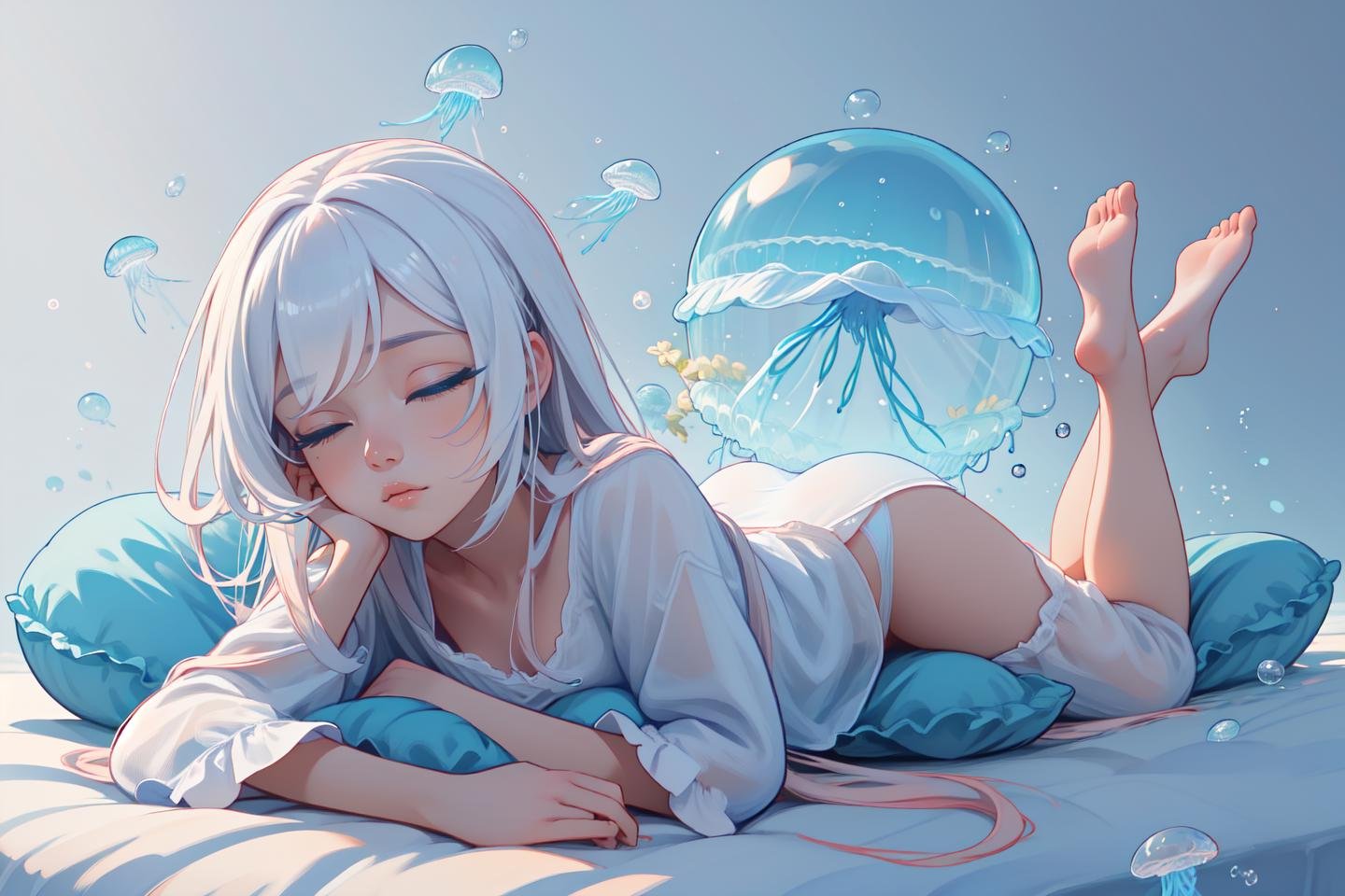 (masterpiece, best quality, ultra-detailed), (beautiful detailed face, beautiful detailed eyes, volumetric lighting),pure sleep,1girl, air bubble, closed eyes, bubble, full body, long hair, lying, sleeping, barefoot, solo, white background, pillow, very long hair, underwear, sleepy 